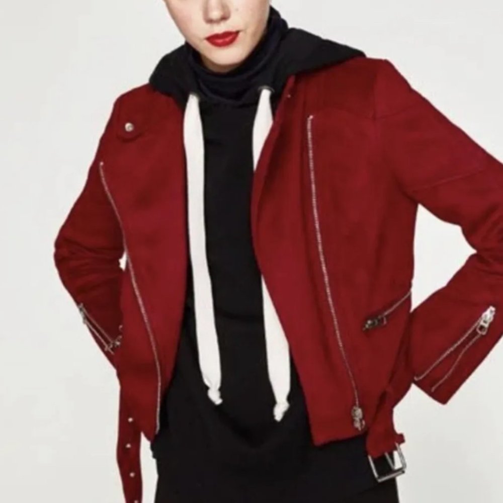 Womens Zara red faux suede leather biker jacket sz S with belt